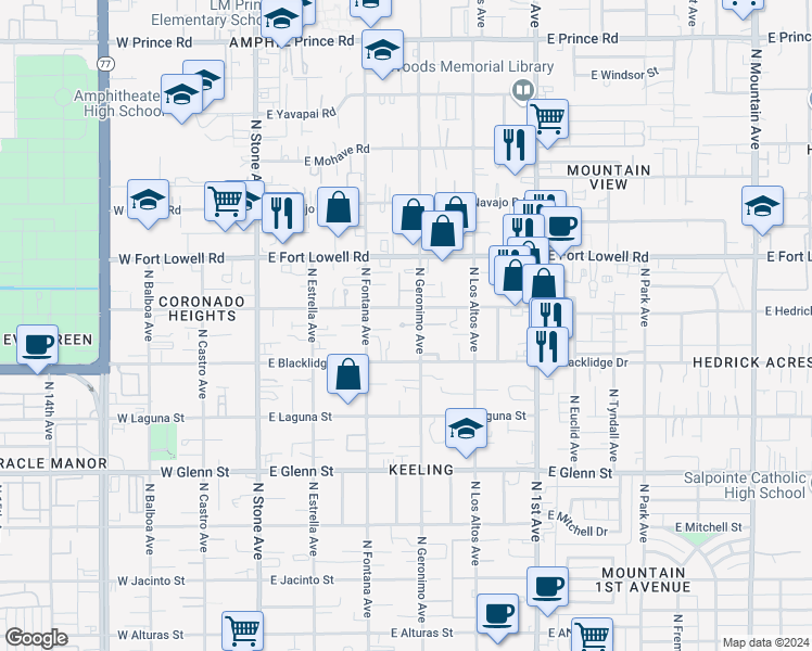 map of restaurants, bars, coffee shops, grocery stores, and more near 3026 North Geronimo Avenue in Tucson