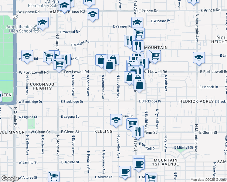 map of restaurants, bars, coffee shops, grocery stores, and more near 451 East Blacklidge Drive in Tucson