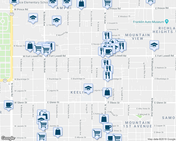 map of restaurants, bars, coffee shops, grocery stores, and more near 3051 North Los Altos Avenue in Tucson