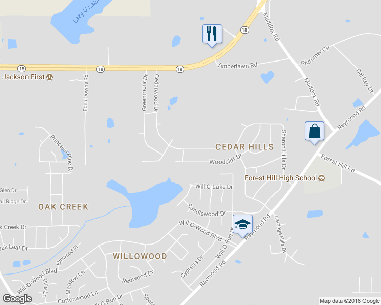 map of restaurants, bars, coffee shops, grocery stores, and more near 381 Cedarwood Drive in Jackson