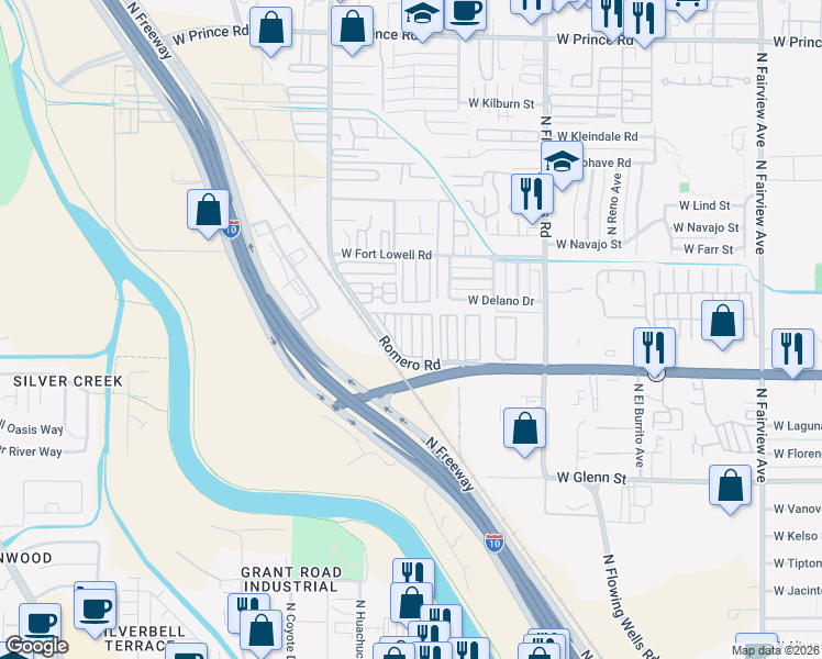 map of restaurants, bars, coffee shops, grocery stores, and more near 3000 North Romero Road in Tucson