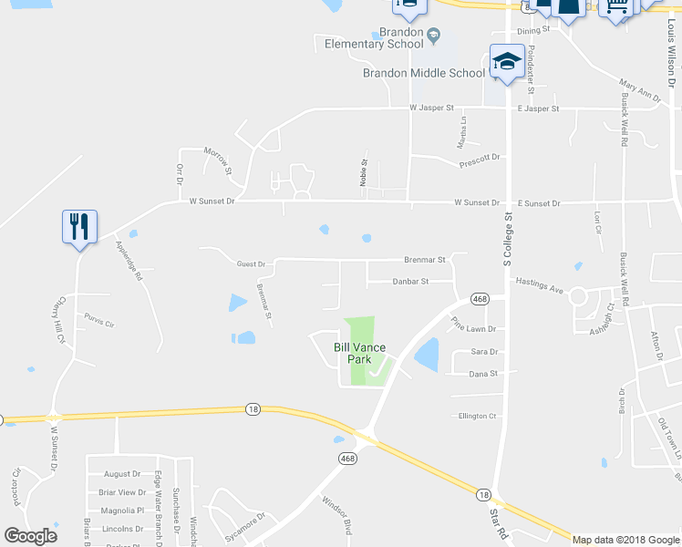 map of restaurants, bars, coffee shops, grocery stores, and more near 109 Fox Meadow Drive in Brandon