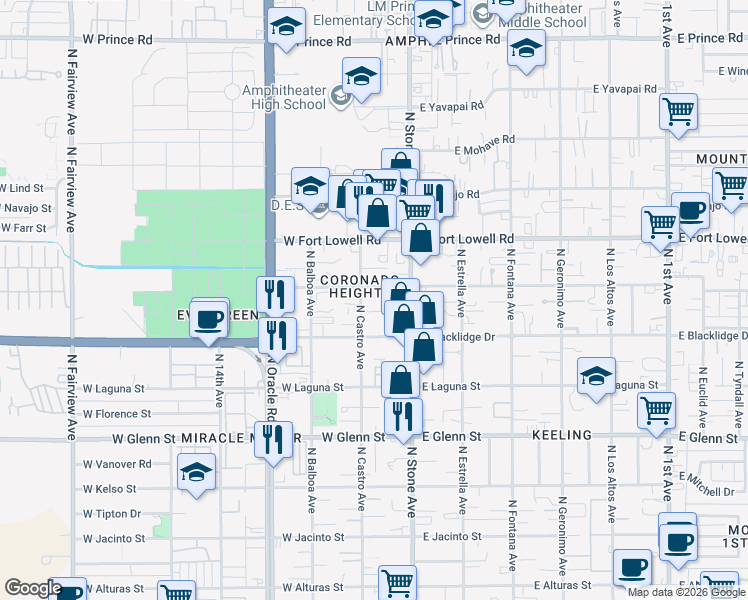 map of restaurants, bars, coffee shops, grocery stores, and more near 3034 North Castro Avenue in Tucson