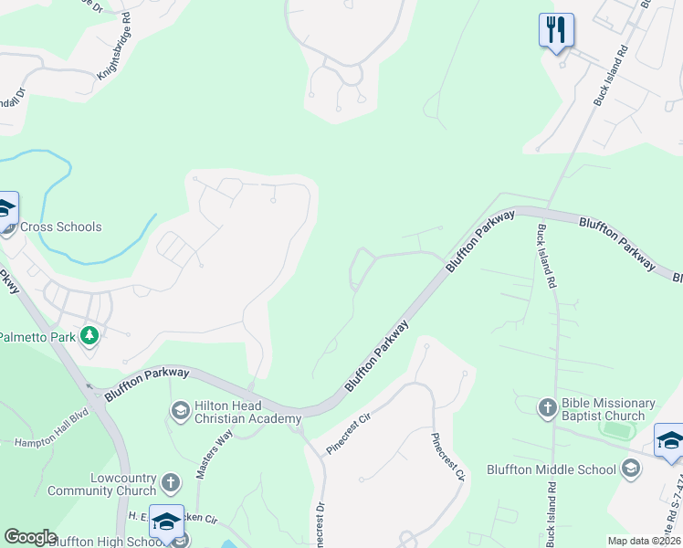 map of restaurants, bars, coffee shops, grocery stores, and more near 30 Canters Circle in Bluffton