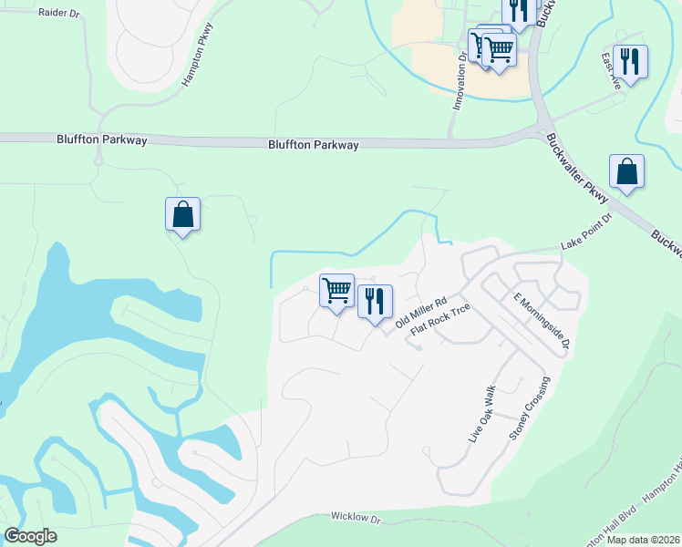 map of restaurants, bars, coffee shops, grocery stores, and more near 42 Broadland Circle in Bluffton