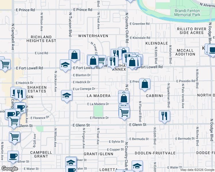 map of restaurants, bars, coffee shops, grocery stores, and more near 2838 East La Cienega Place in Tucson