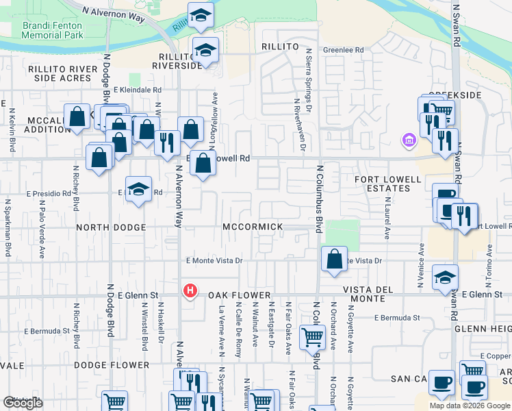 map of restaurants, bars, coffee shops, grocery stores, and more near 3015 North Desert Drive in Tucson