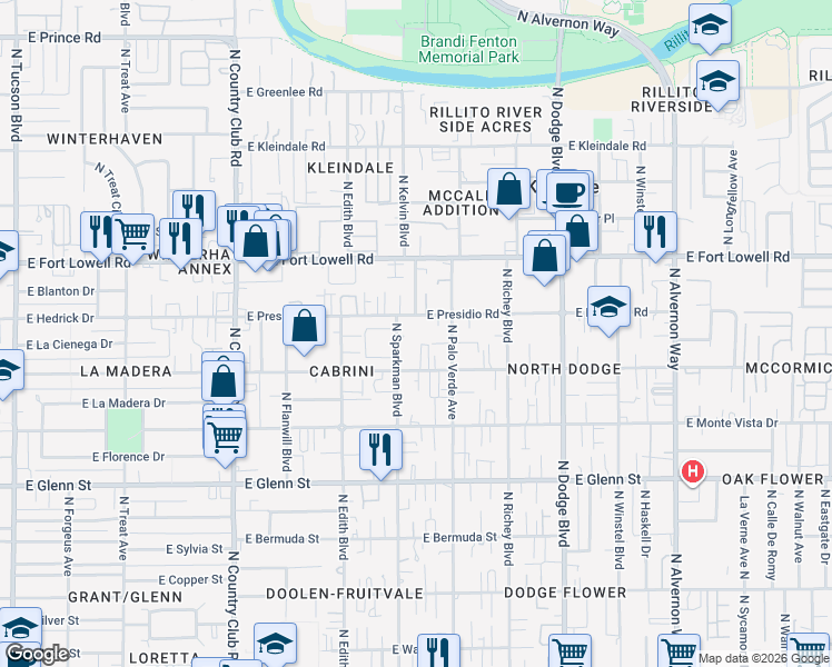 map of restaurants, bars, coffee shops, grocery stores, and more near 3015 North Sparkman Boulevard in Tucson