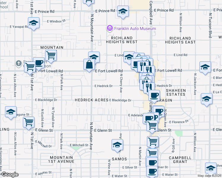 map of restaurants, bars, coffee shops, grocery stores, and more near 1525 East Blacklidge Drive in Tucson