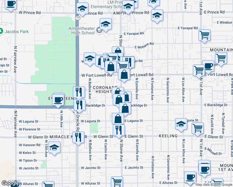 map of restaurants, bars, coffee shops, grocery stores, and more near 3034 North Castro Avenue in Tucson