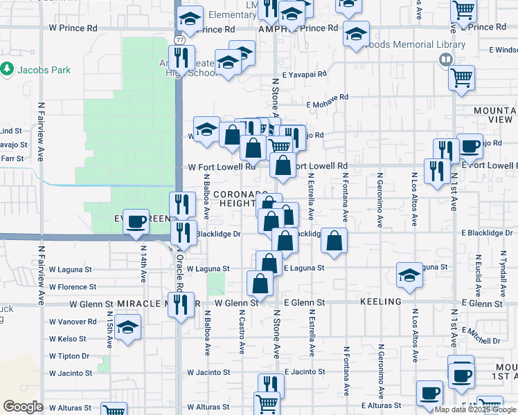 map of restaurants, bars, coffee shops, grocery stores, and more near 3034 North Castro Avenue in Tucson