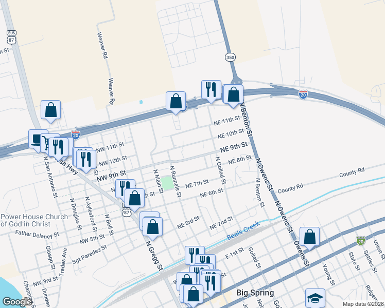 map of restaurants, bars, coffee shops, grocery stores, and more near 307 Northeast 9th Street in Big Spring