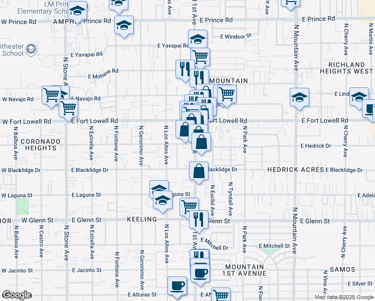 map of restaurants, bars, coffee shops, grocery stores, and more near 3050 North 2nd Avenue in Tucson