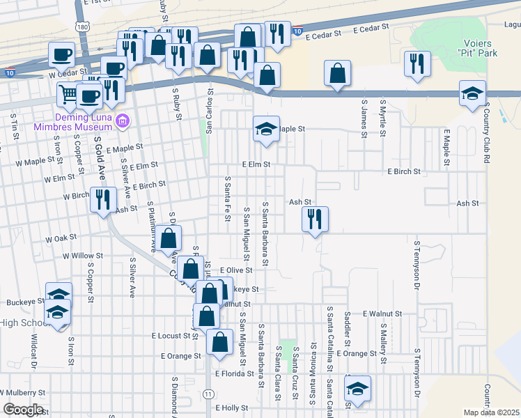 map of restaurants, bars, coffee shops, grocery stores, and more near 723-799 South Santa Barbara Street in Deming