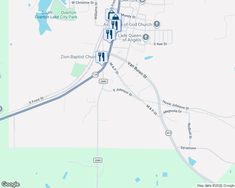 map of restaurants, bars, coffee shops, grocery stores, and more near 1319 Farm to Market 2089 in Overton