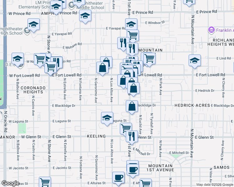 map of restaurants, bars, coffee shops, grocery stores, and more near 3067 North 2nd Avenue in Tucson
