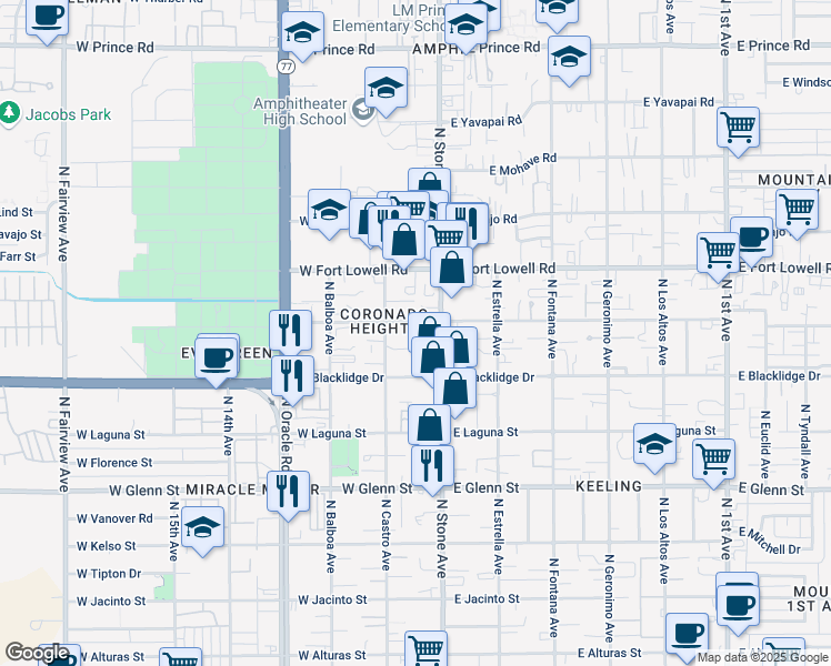map of restaurants, bars, coffee shops, grocery stores, and more near 3034 North Castro Avenue in Tucson