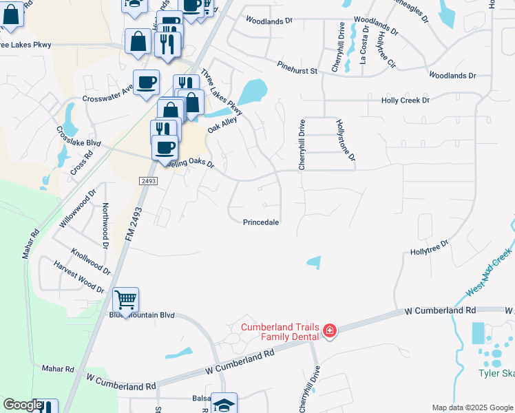 map of restaurants, bars, coffee shops, grocery stores, and more near 7519 Princedale in Tyler