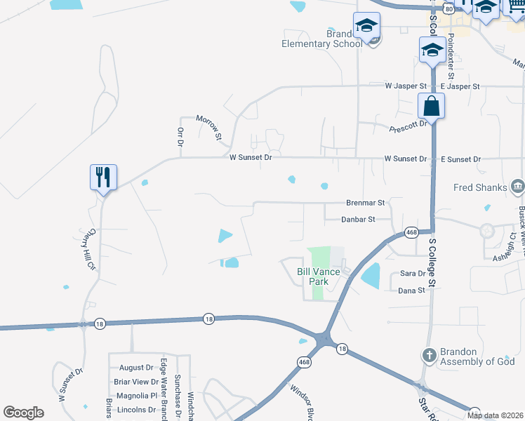 map of restaurants, bars, coffee shops, grocery stores, and more near 701 Brenmar Street in Brandon