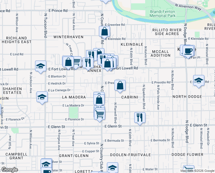 map of restaurants, bars, coffee shops, grocery stores, and more near 3020 North Country Club Road in Tucson