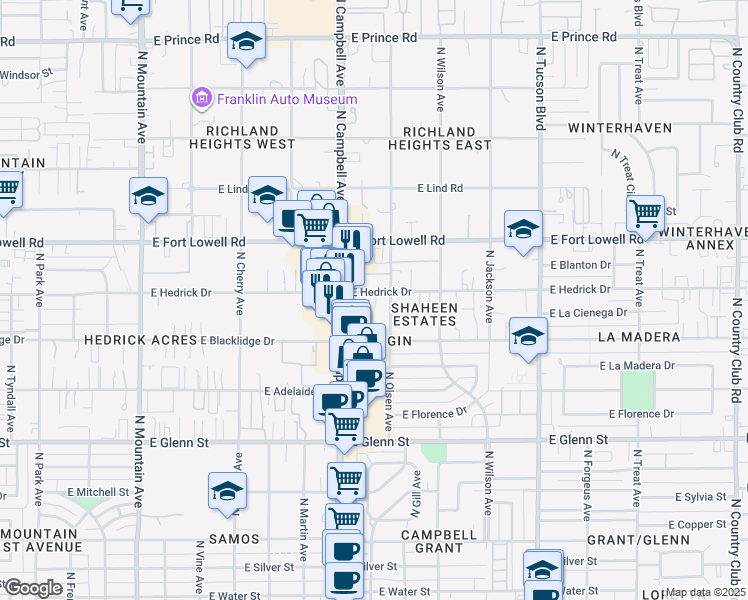 map of restaurants, bars, coffee shops, grocery stores, and more near 3032 North Campbell Avenue in Tucson