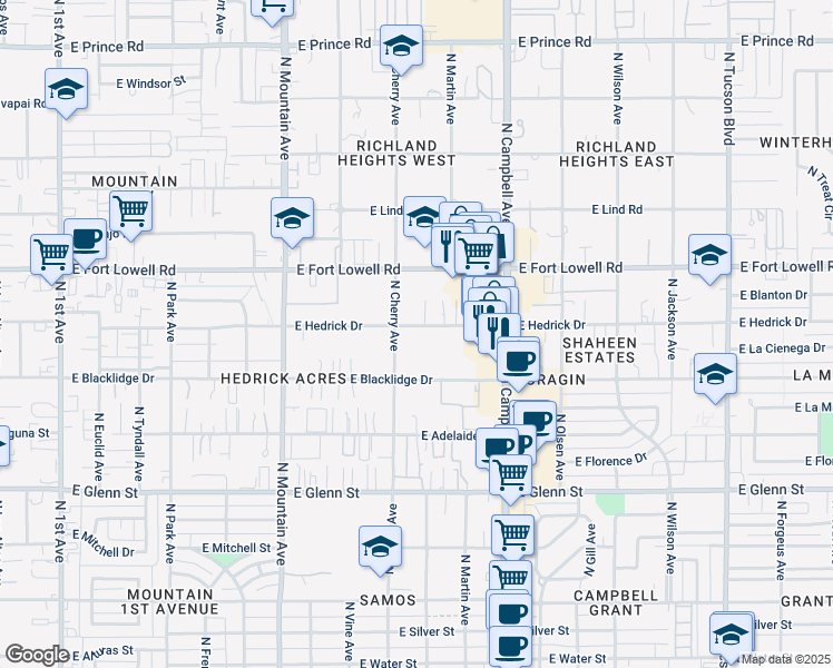 map of restaurants, bars, coffee shops, grocery stores, and more near 3052 North Cherry Avenue in Tucson