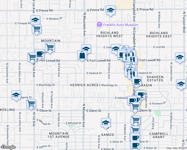 map of restaurants, bars, coffee shops, grocery stores, and more near 1419 East Blacklidge Drive in Tucson