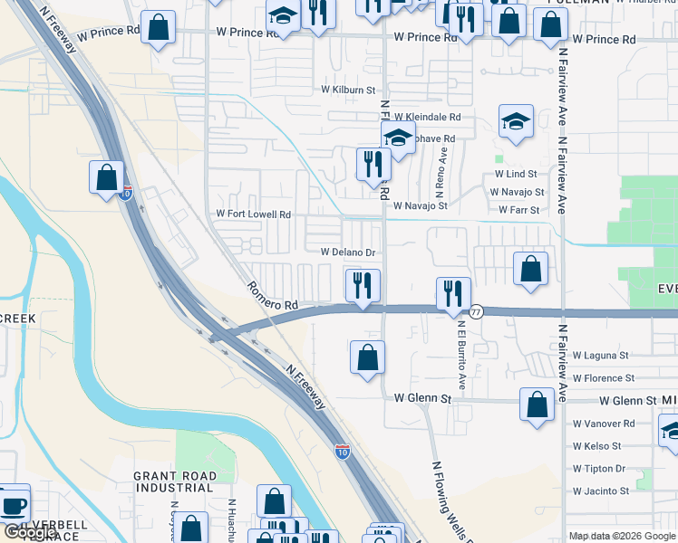 map of restaurants, bars, coffee shops, grocery stores, and more near 1468 West Miracle Mile in Tucson