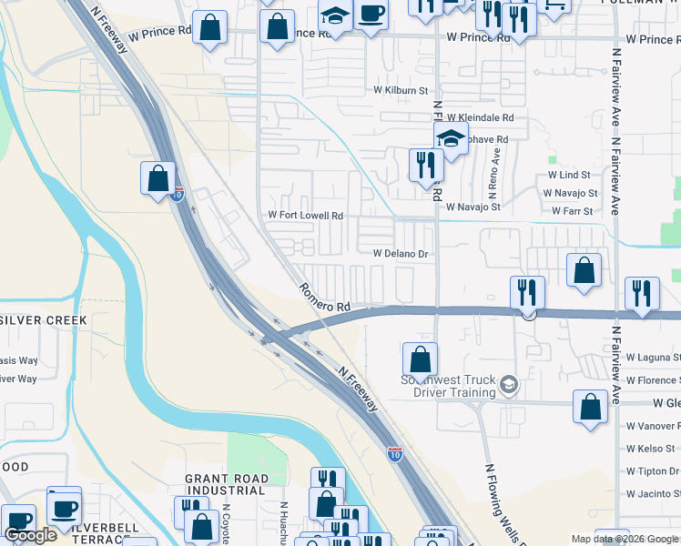 map of restaurants, bars, coffee shops, grocery stores, and more near 3000 North Romero Road in Tucson