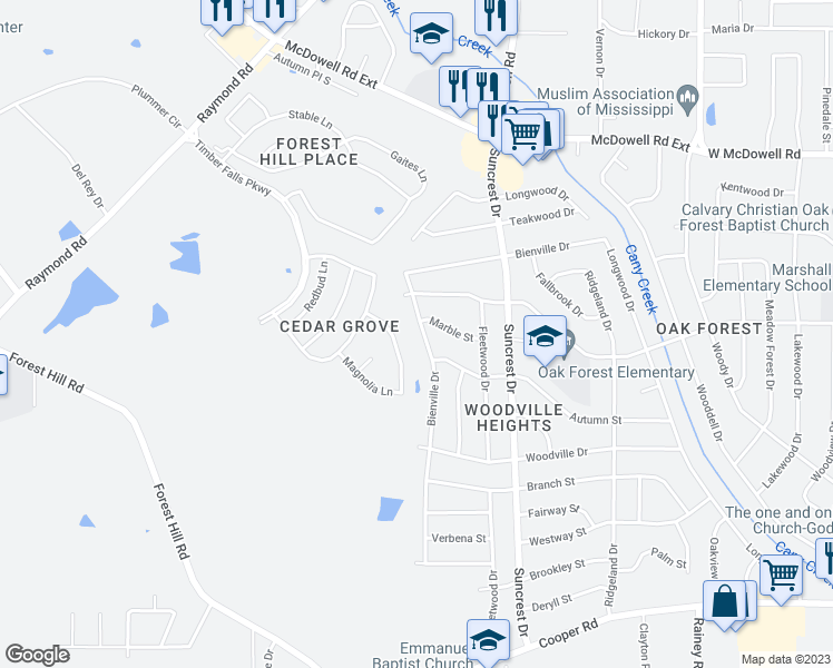 map of restaurants, bars, coffee shops, grocery stores, and more near 3079 Bienville Drive in Jackson