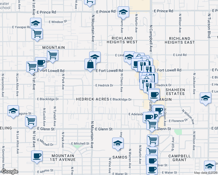 map of restaurants, bars, coffee shops, grocery stores, and more near 1419 East Blacklidge Drive in Tucson