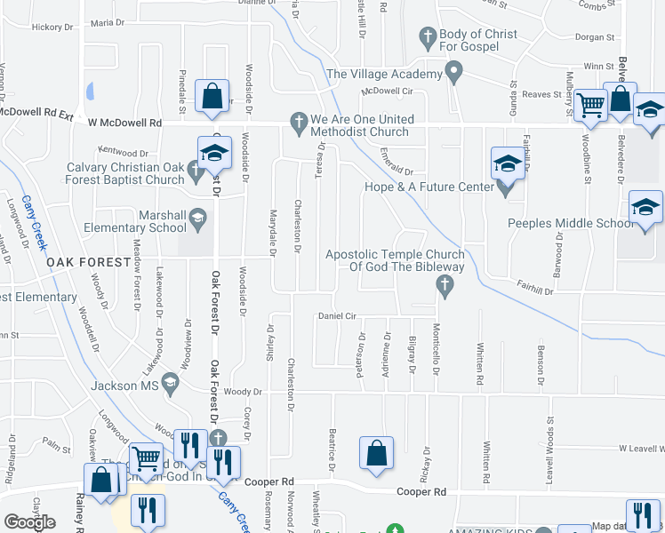map of restaurants, bars, coffee shops, grocery stores, and more near 2879 Revere Street in Jackson