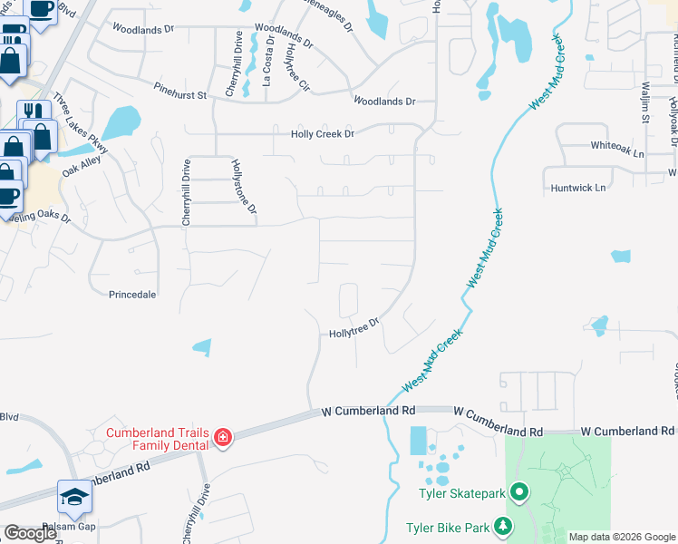 map of restaurants, bars, coffee shops, grocery stores, and more near Old Farm Road in Tyler