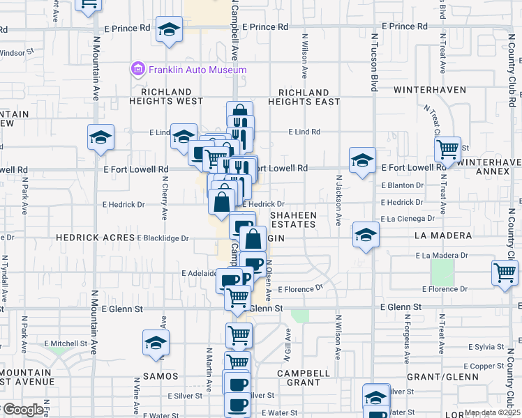 map of restaurants, bars, coffee shops, grocery stores, and more near 3134 North Olsen Avenue in Tucson
