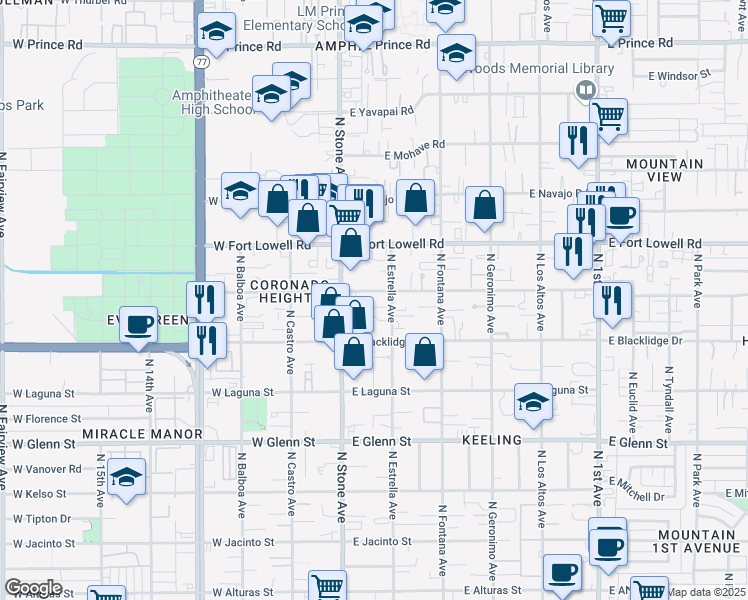map of restaurants, bars, coffee shops, grocery stores, and more near 114 East Delano Street in Tucson