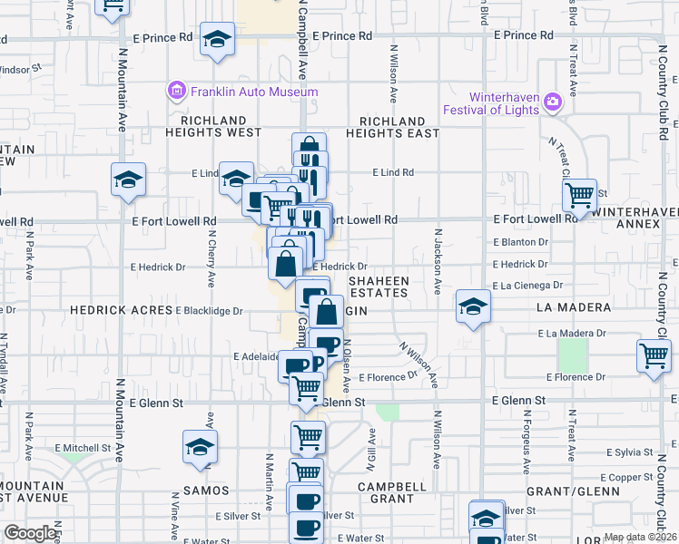 map of restaurants, bars, coffee shops, grocery stores, and more near 3134 North Olsen Avenue in Tucson