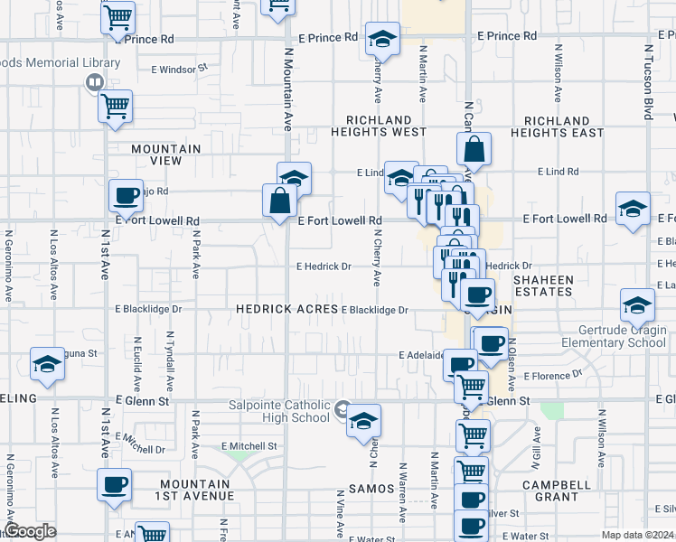 map of restaurants, bars, coffee shops, grocery stores, and more near 1417 East Hedrick Drive in Tucson