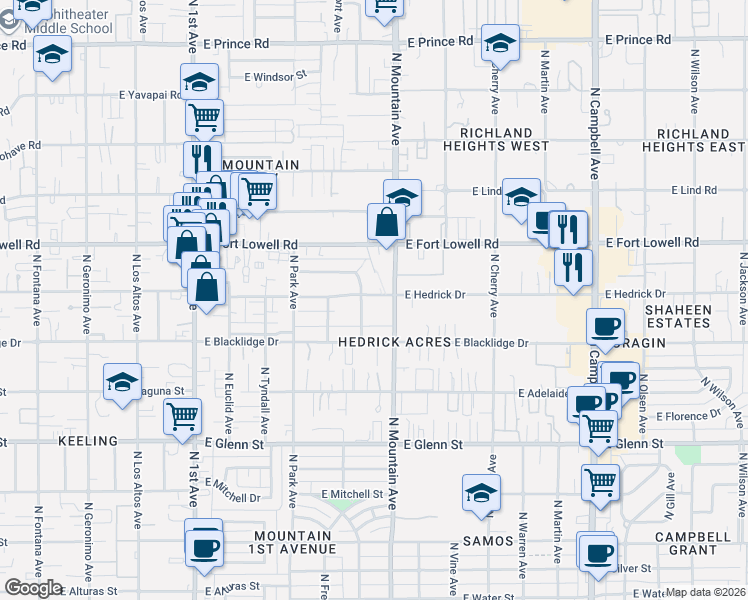 map of restaurants, bars, coffee shops, grocery stores, and more near 3110 North Santa Rita Avenue in Tucson