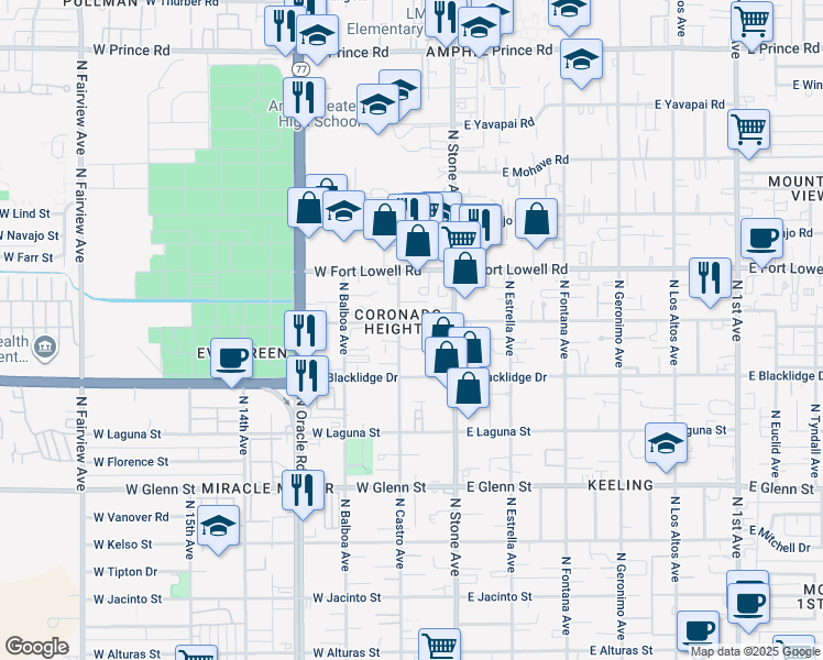 map of restaurants, bars, coffee shops, grocery stores, and more near 3113 North Stone Avenue in Tucson