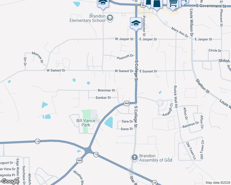 map of restaurants, bars, coffee shops, grocery stores, and more near 302 Brenmar Street in Brandon