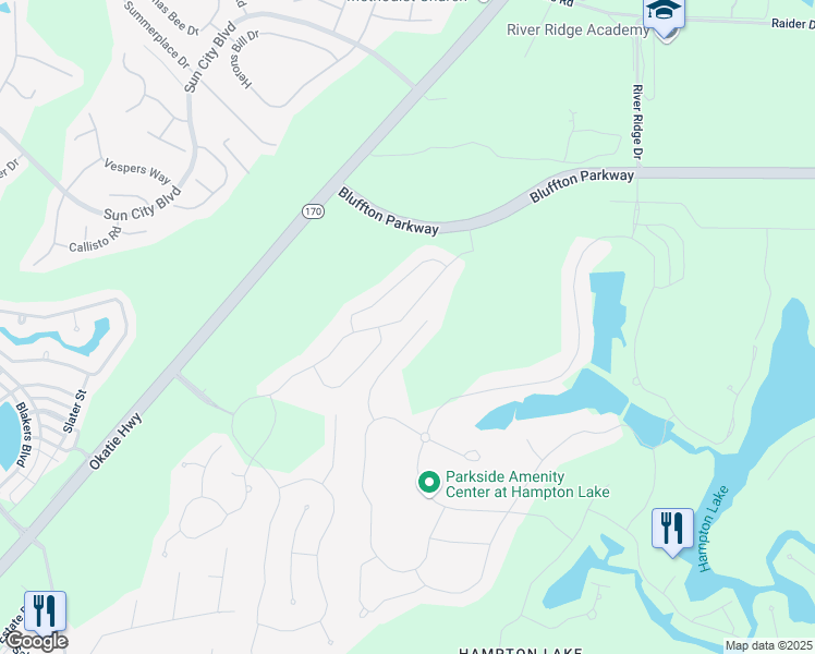 map of restaurants, bars, coffee shops, grocery stores, and more near 114 Danbridge Court in Bluffton