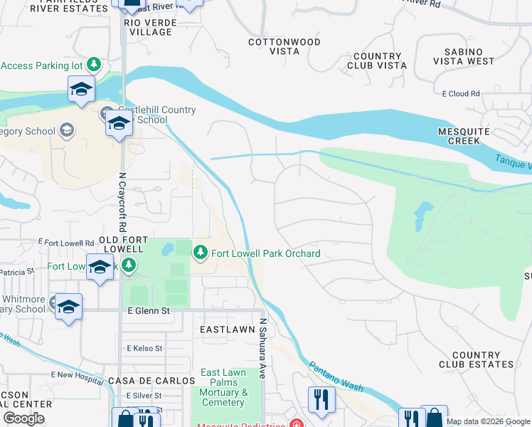 map of restaurants, bars, coffee shops, grocery stores, and more near 5920 East West Miramar Drive in Tucson