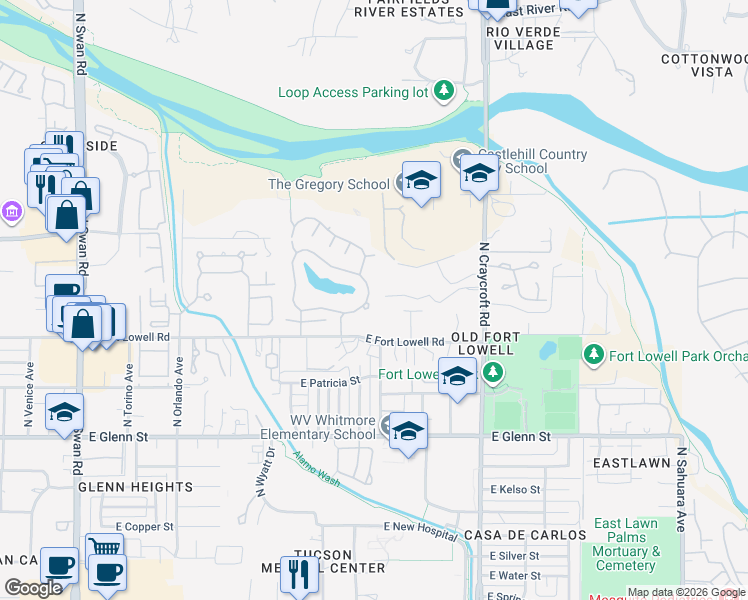 map of restaurants, bars, coffee shops, grocery stores, and more near 3100 North Willow Creek Drive in Tucson