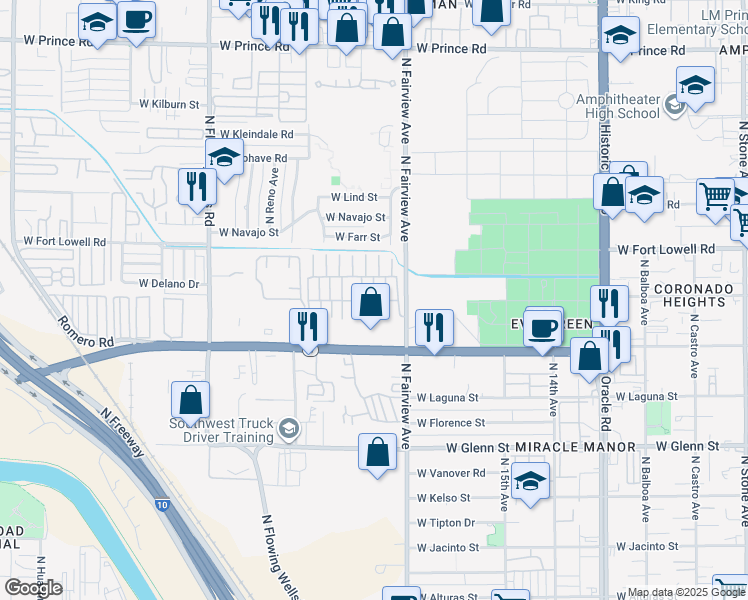 map of restaurants, bars, coffee shops, grocery stores, and more near Westminster in Tucson