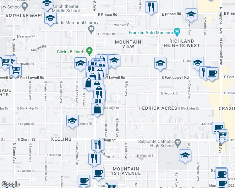 map of restaurants, bars, coffee shops, grocery stores, and more near N Tyndall Ave & E Hedrick Dr in Tucson