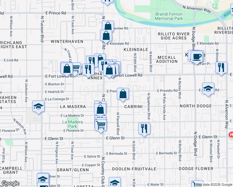 map of restaurants, bars, coffee shops, grocery stores, and more near 3150 East Presidio Road in Tucson