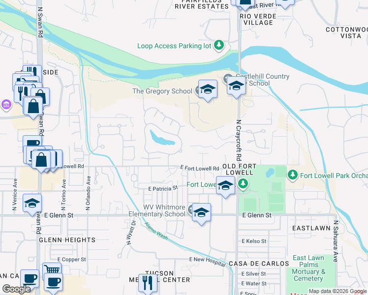map of restaurants, bars, coffee shops, grocery stores, and more near 3100 North Willow Creek Drive in Tucson