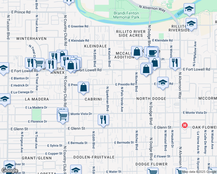 map of restaurants, bars, coffee shops, grocery stores, and more near 3401 East Presidio Road in Tucson