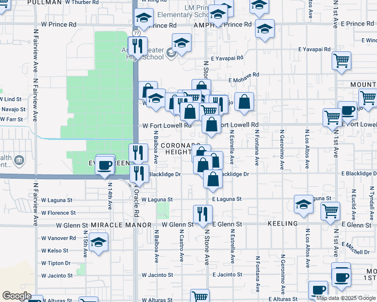 map of restaurants, bars, coffee shops, grocery stores, and more near 3113 North Stone Avenue in Tucson