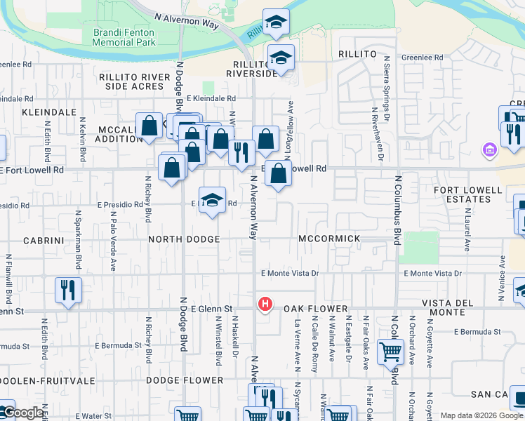 map of restaurants, bars, coffee shops, grocery stores, and more near 3861 East Presidio Road in Tucson